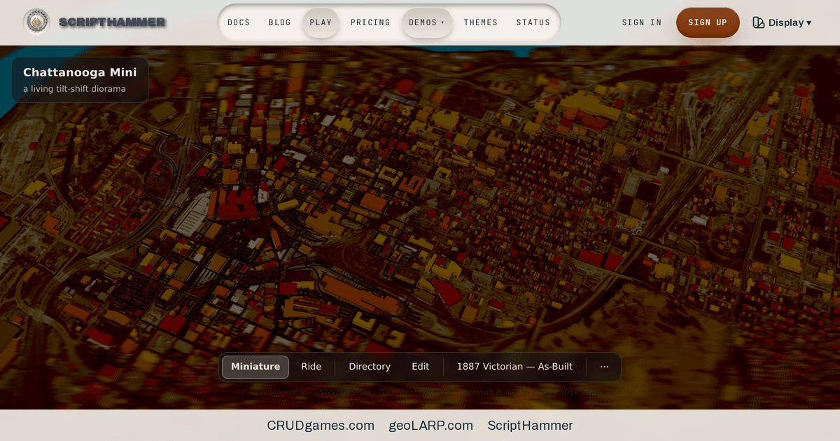 Open-source Three.js game engine running a tilt-shift 3D city built from real open data