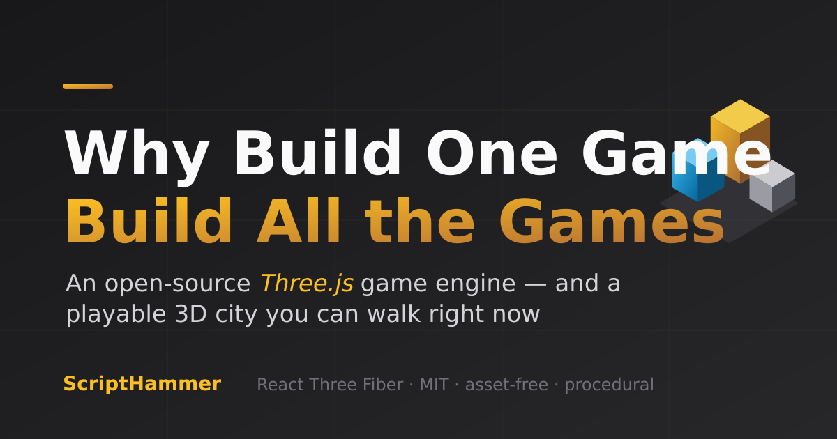 Open-source Three.js game engine: a tilt-shift 3D city built with React Three Fiber, under the headline Build all the games